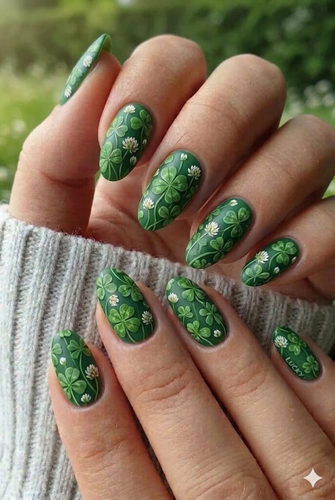 Clover patch lucky nail design with green clovers three four-leaf mixed tiny white flowers, lucky spring April manicure 2026