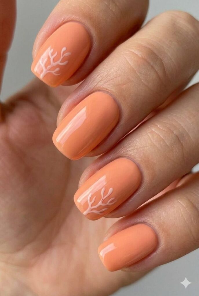 Coral reef orange summer nail design with warm peachy-orange shade like beautiful coral, flattering summer nail idea 2026
