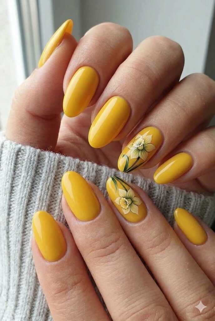 Daffodil yellow bright nail design with warm sunny yellow shade like April daffodil blooms, cheerful spring manicure 2026