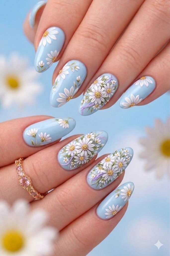 Daisy nail art on baby blue base with white daisies on sweet soft blue sky background, innocent pretty manicure 2026