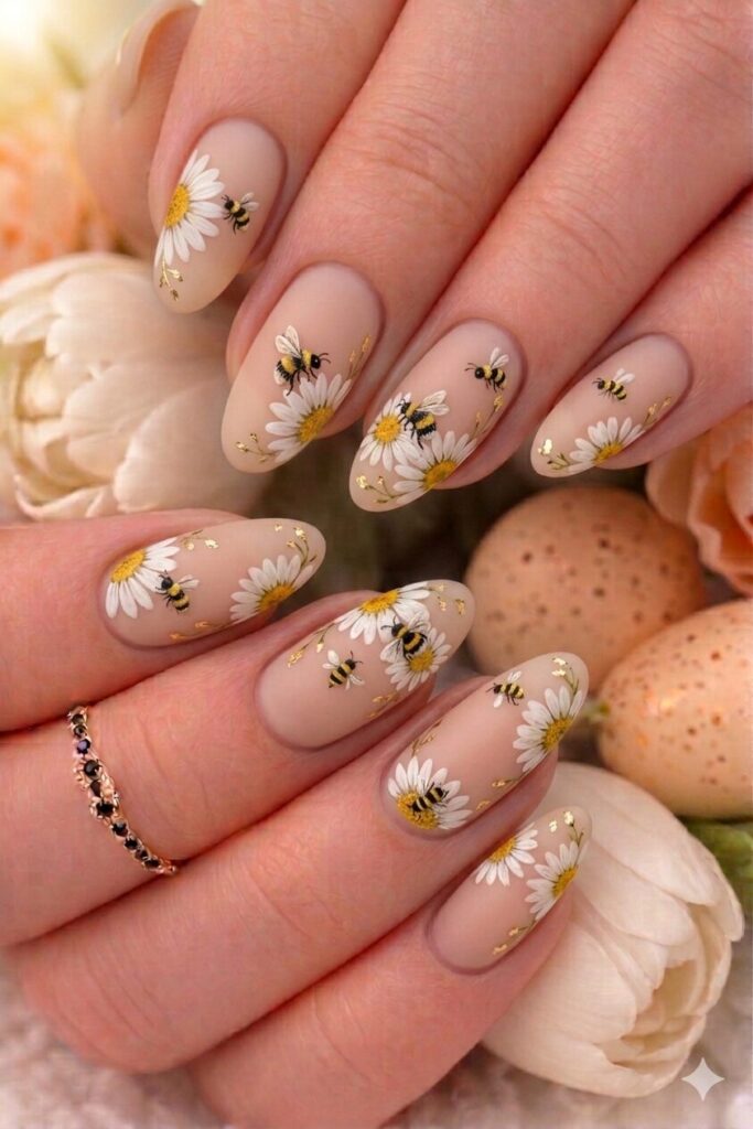 Daisy with bee nail art featuring adorable tiny bumblebee visiting the daisy flower, cute creative storytelling manicure 2026
