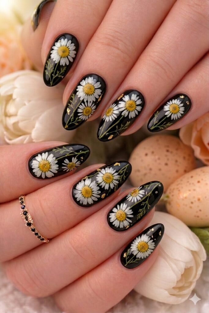Daisy nail art on black base with white daisies popping against dark background high contrast, dramatic bold manicure 2026