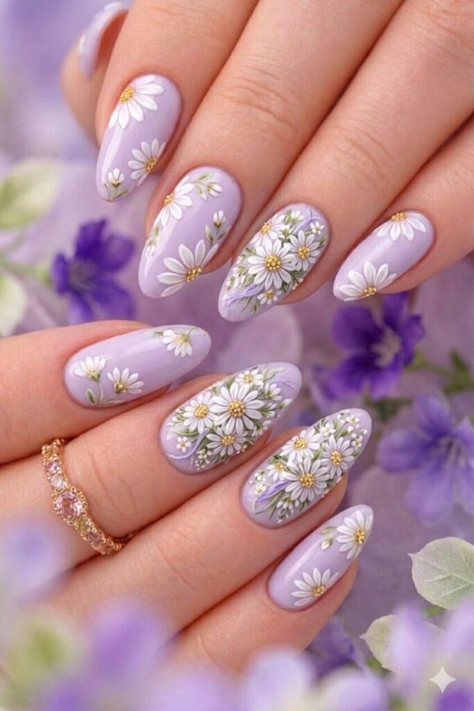 Daisy bouquet cluster nail art with groups of daisies clustered together like bouquet on accent nails, full beautiful manicure 2026
