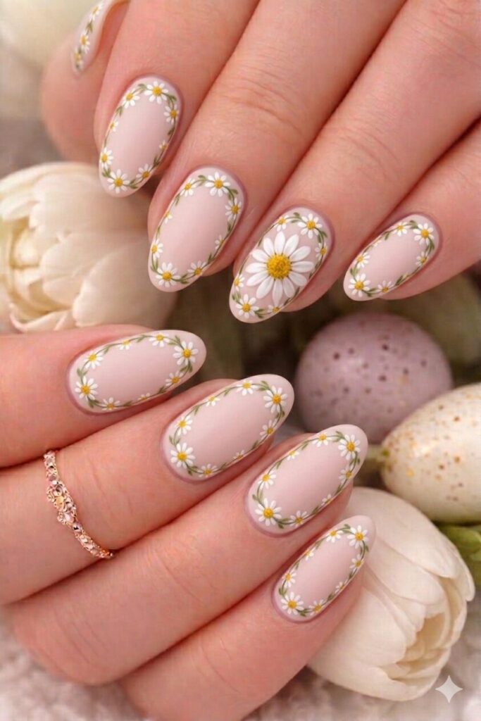 Single daisy accent nail art with one beautiful daisy on ring finger solid colors on others, minimalist manicure 2026