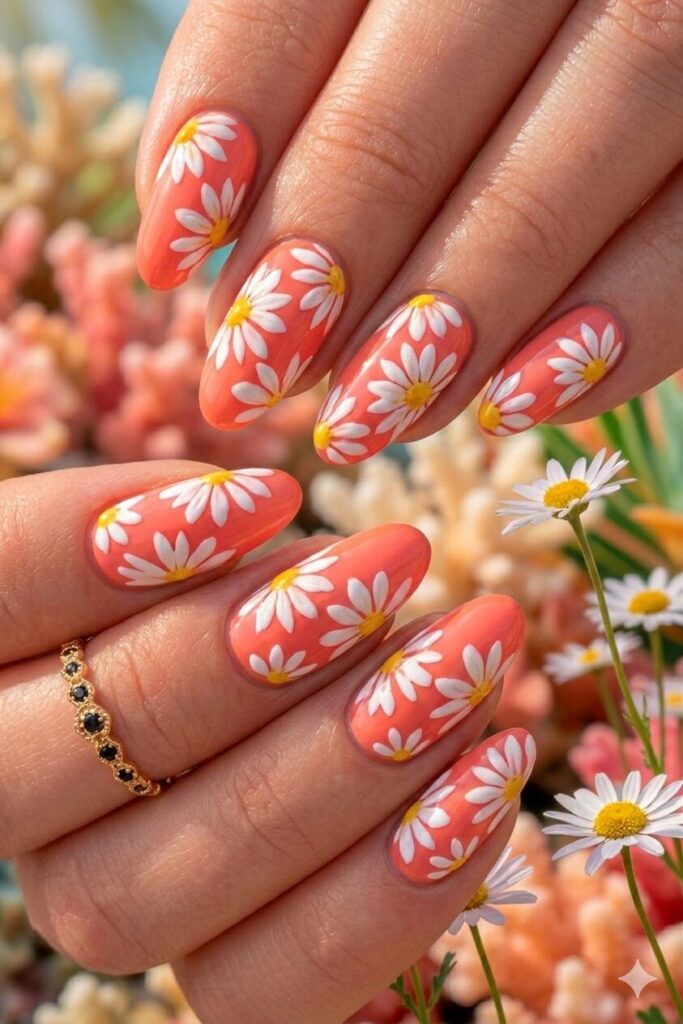 Daisy nail art on coral base with white daisies on warm tropical coral background, vibrant summery manicure 2026