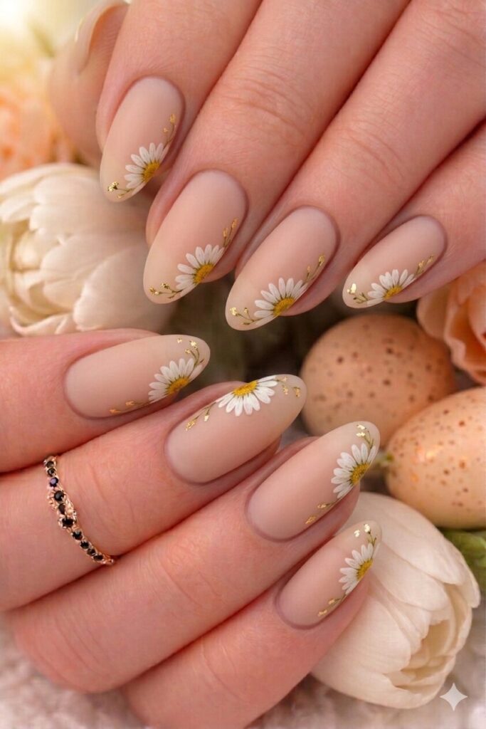 Daisy corner peek nail art with daisies peeking from one corner of each nail partially visible, subtle artistic manicure 2026