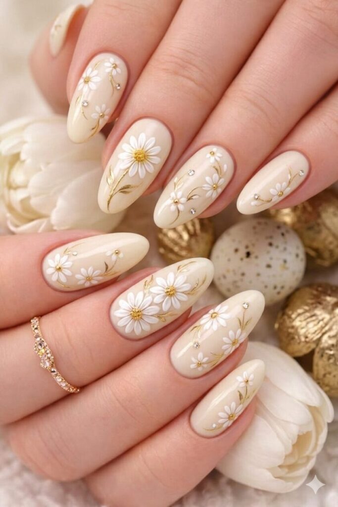 Daisy nail art on cream base with white yellow daisies on warm cream background, soft elegant vintage manicure 2026