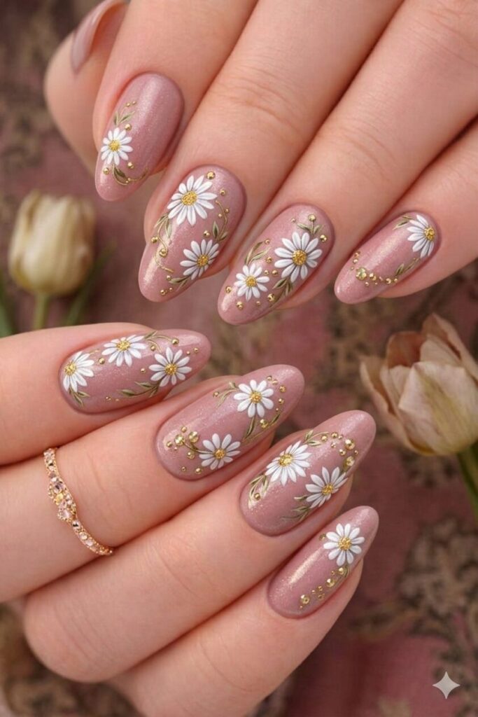 Daisy nail art on dusty rose base with white daisies on muted vintage pink background, sophisticated romantic manicure 2026