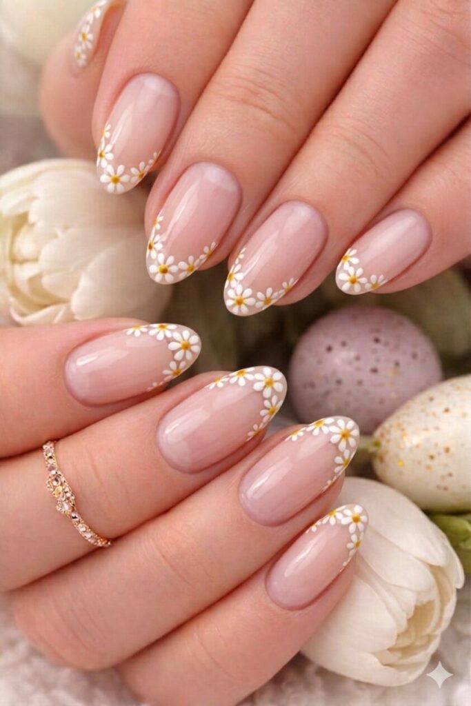 Daisy French tip nail art with tiny daisies along tip line instead of plain white, elegant floral manicure 2026
