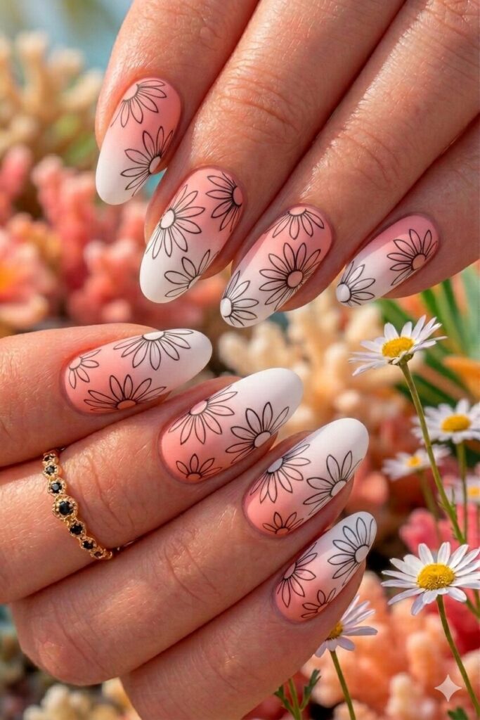 Daisy gradient ombre nail art with daisies on color gradient fading background pink to white, creative artistic manicure 2026