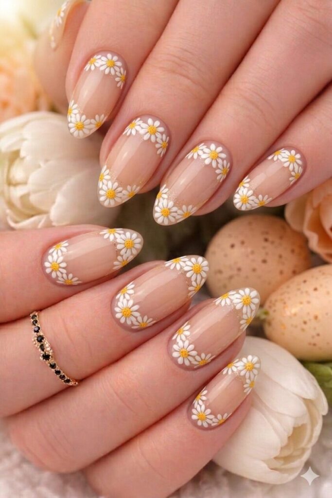 Daisy half moon nail art with daisies placed in half moon crescent shape at base or tip, unique sophisticated manicure 2026