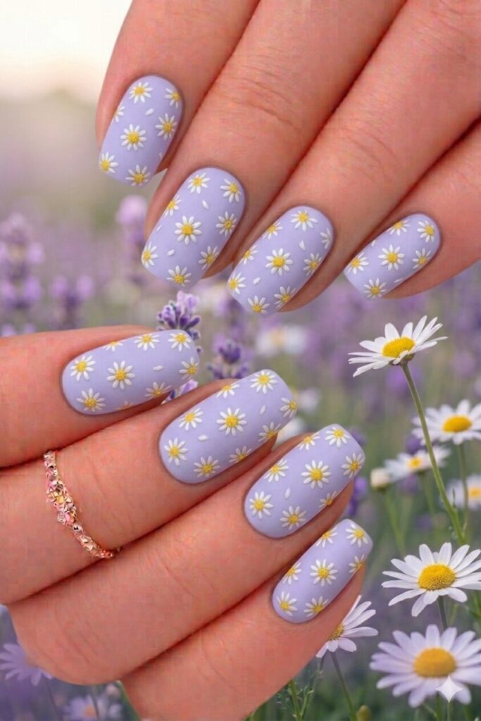 Daisy nail art on lavender base with white daisies on soft purple background, dreamy romantic manicure 2026
