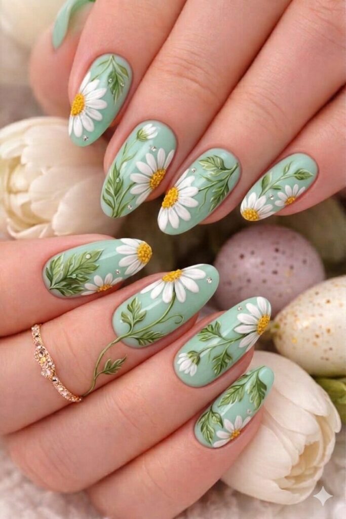 Daisy nail art with green leaves and stems along with flowers realistic garden look, detailed botanical manicure 2026