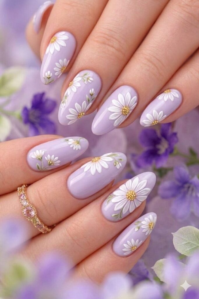 Daisy nail art on lilac base with white daisies on soft purple dreamy background, romantic pretty manicure 2026