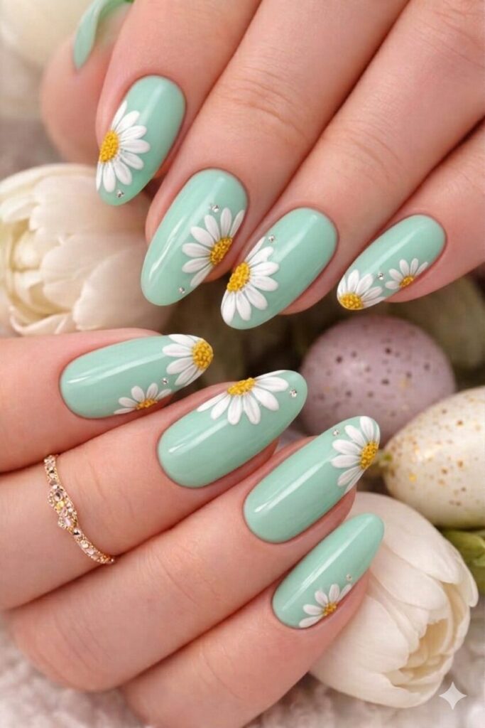 Daisy nail art on mint green base with white yellow daisies on cool refreshing mint background, fresh manicure 2026
