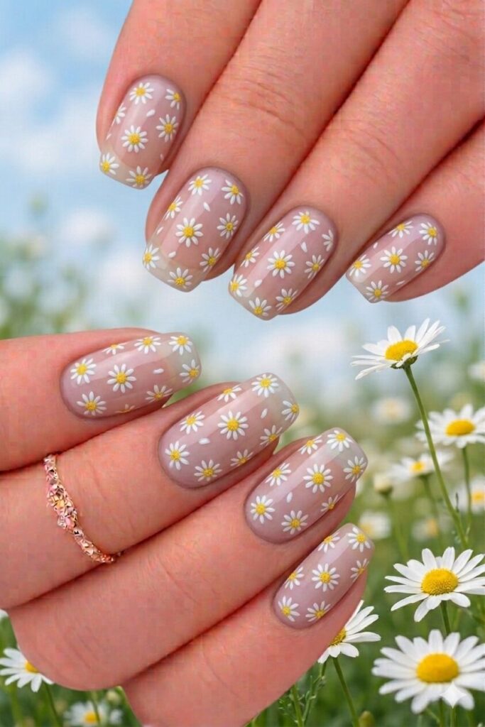 Daisy negative space nail art with parts of natural nail bare while daisies float on clear space, modern manicure 2026