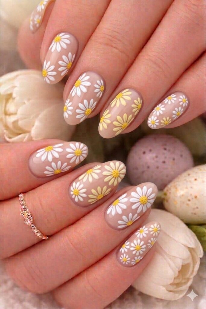 Daisy nail art on nude base with white yellow daisies on natural nude background, elegant sophisticated manicure 2026