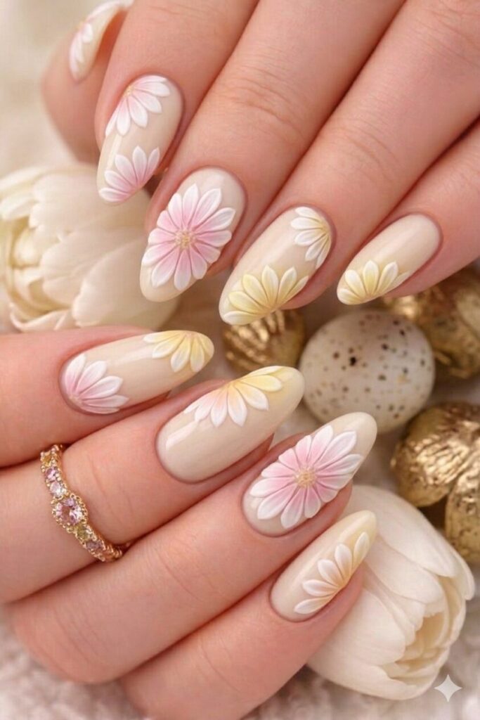  Daisy ombre petals nail art with gradient colored petals fading from white to pink or yellow, creative artistic manicure 2026