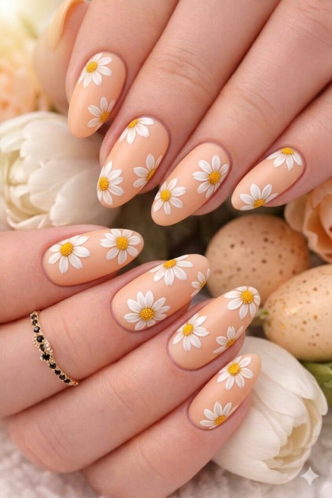  Daisy nail art on peach base with white daisies on warm flattering peachy background, warm glowing manicure 2026