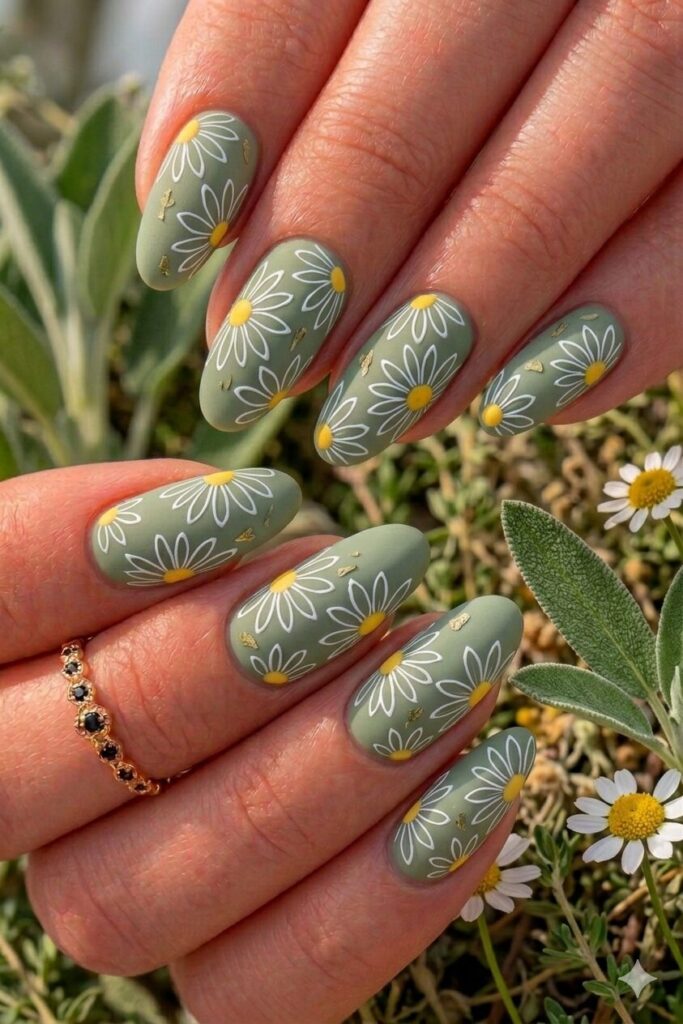 Daisy nail art on sage green base with white daisies on earthy trendy sage background, natural sophisticated manicure 2026