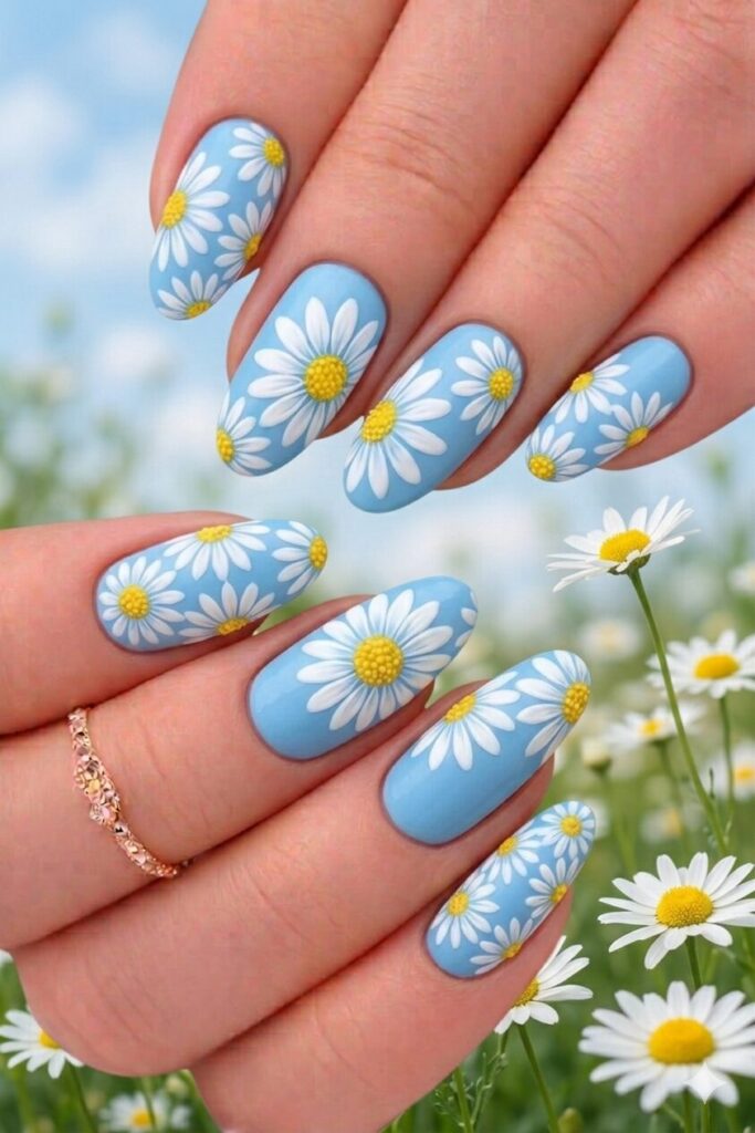 Daisy nail art on sky blue base with white daisies against spring sky background, peaceful dreamy manicure 2026