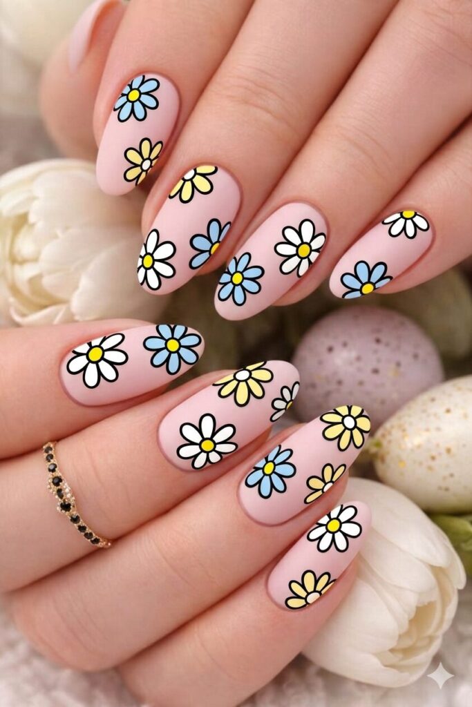 Daisy sticker style nail art with bold graphic daisies thick outlines looking like cute stickers, playful youthful manicure 2026