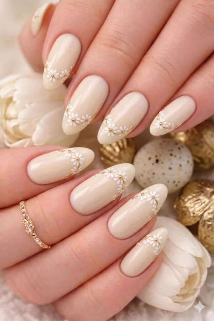 Daisy tip line nail art with row of daisies along tip of each nail creating floral border, structured manicure 2026