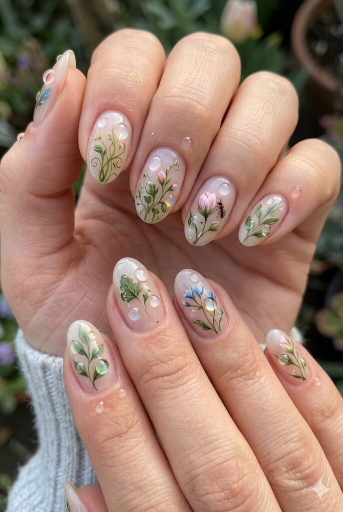 Dewy morning fresh nail design with clear glossy dew drops over green floral designs, natural spring April manicure 2026