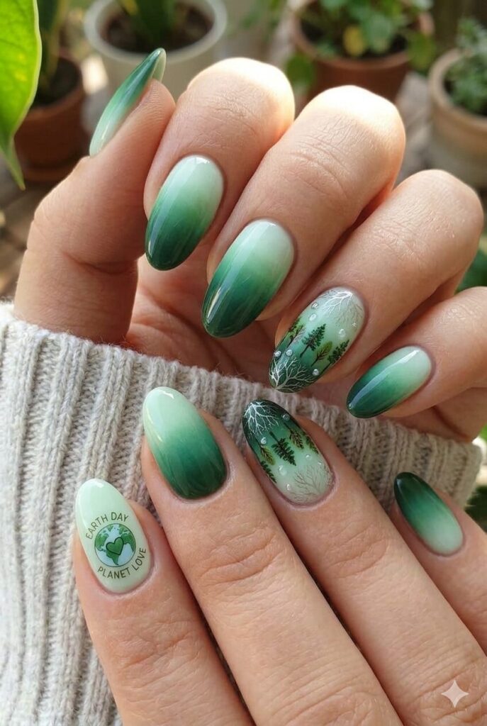 Earth Day green ombre nail design with different green shades blending light to dark gradient, eco-inspired April manicure 2026