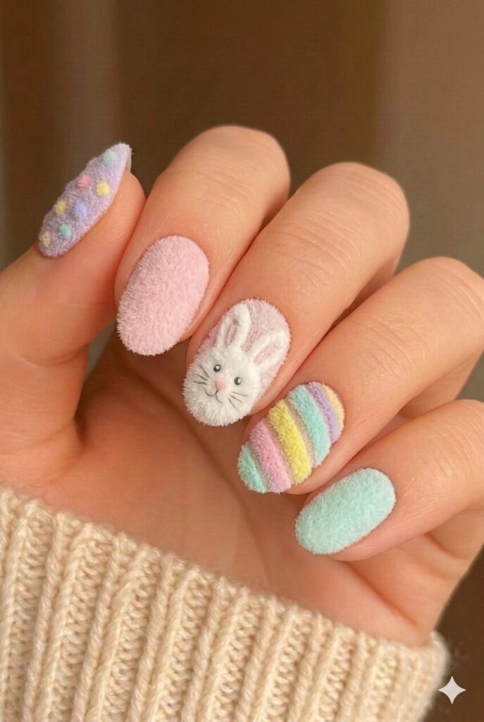 Fluffy texture bunny nail design with actual fluffy texture like real bunny fur, unique tactile Easter manicure
