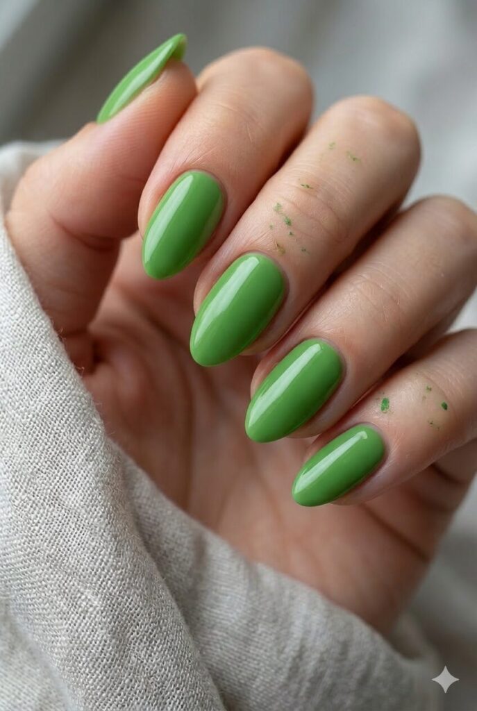 Fresh grass green nail design with vibrant green shade like new spring grass growing, natural bold April manicure 2026