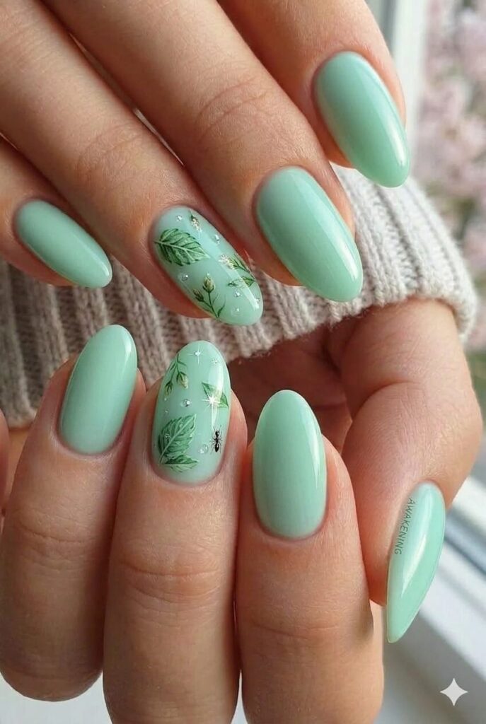 Fresh mint awakening nail design with cool refreshing mint shade like fresh mint leaves, herbal garden April manicure 2026
