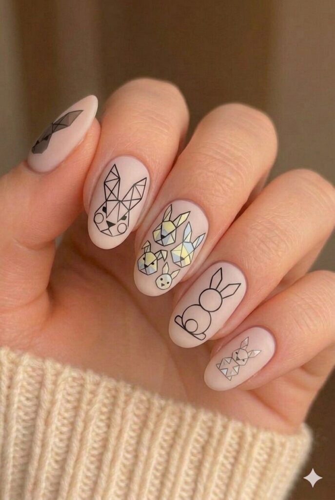 Geometric bunny modern nail design with bunnies made from triangles circles geometric shapes, contemporary Easter manicure