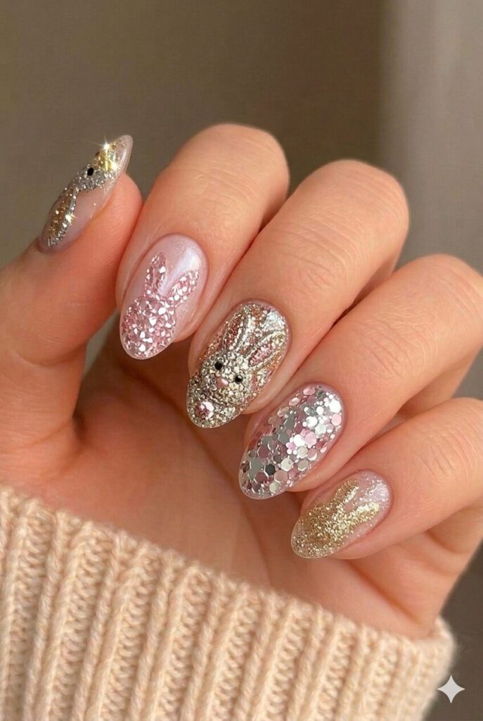 Glitter bunny sparkle nail design with silver gold pink glitter bunnies catching light, glamorous Easter manicure