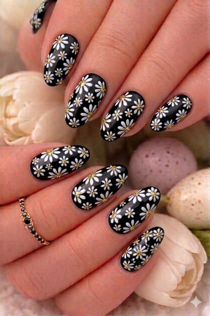 Glitter center daisy nail art with gold silver glitter centers instead of regular yellow, glamorous sparkly manicure 2026
