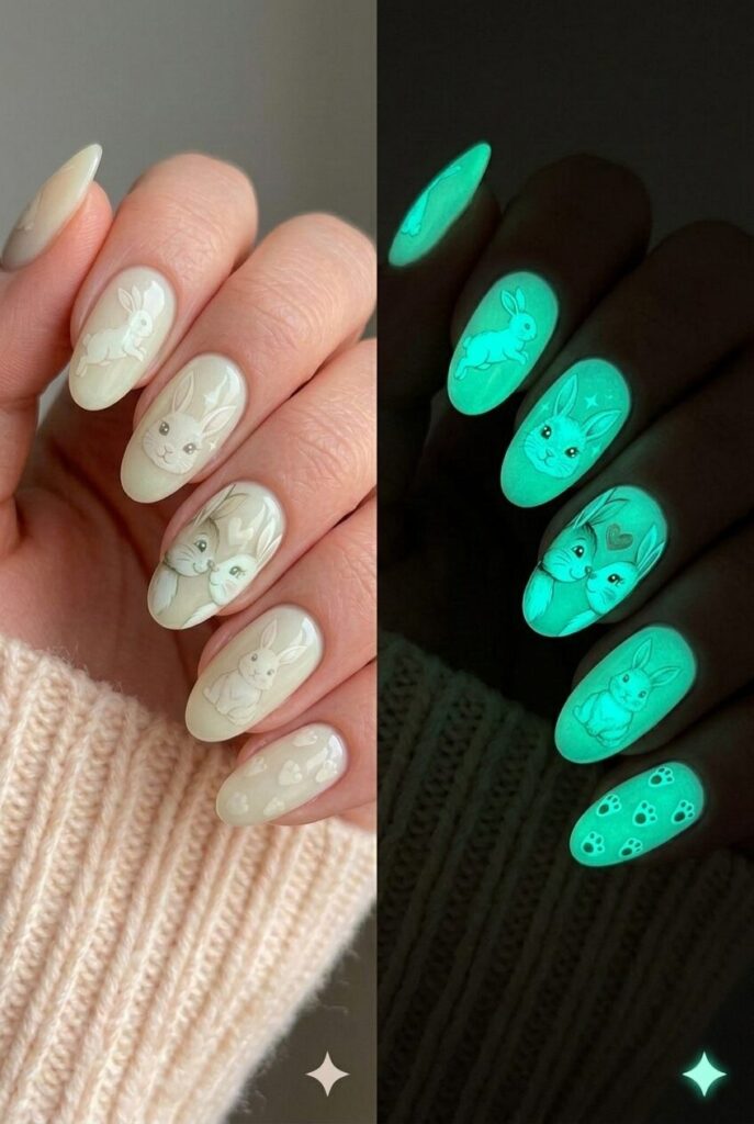 Glow in dark bunny nail design with bunnies that glow in darkness using glow-in-the-dark polish, magical Easter manicure