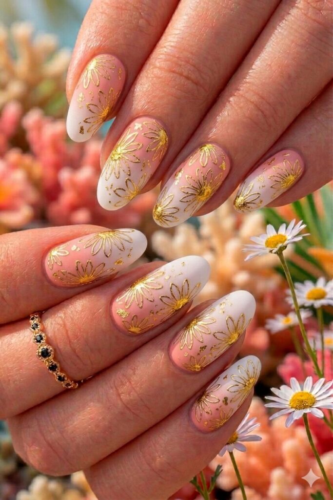 Gold foil daisy nail art with luxurious gold accents around daisies or gold foil centers, elegant glamorous manicure 2026