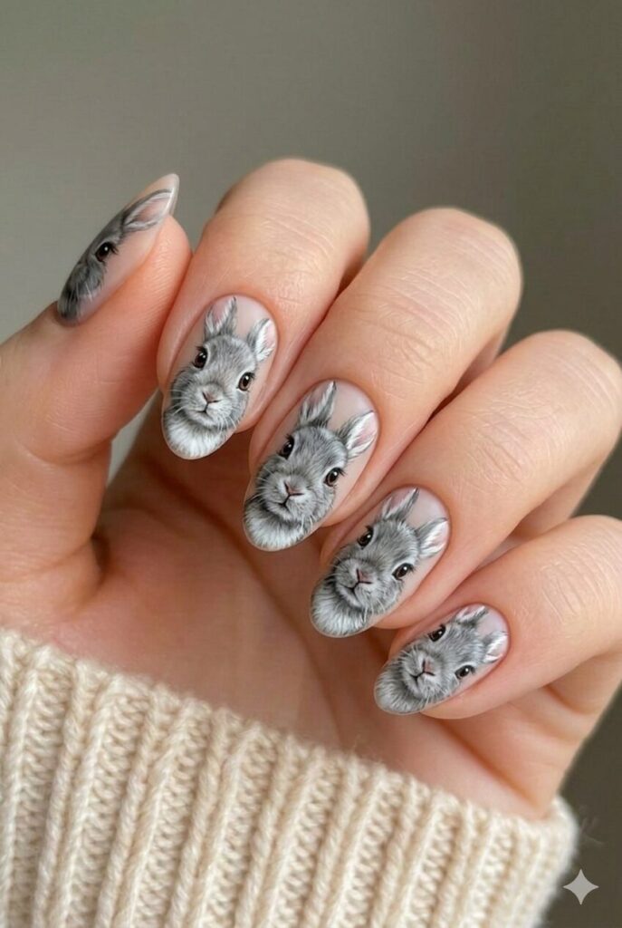 Gray realistic bunny nail design with lifelike bunny natural gray color fur texture white accents, impressive Easter manicure