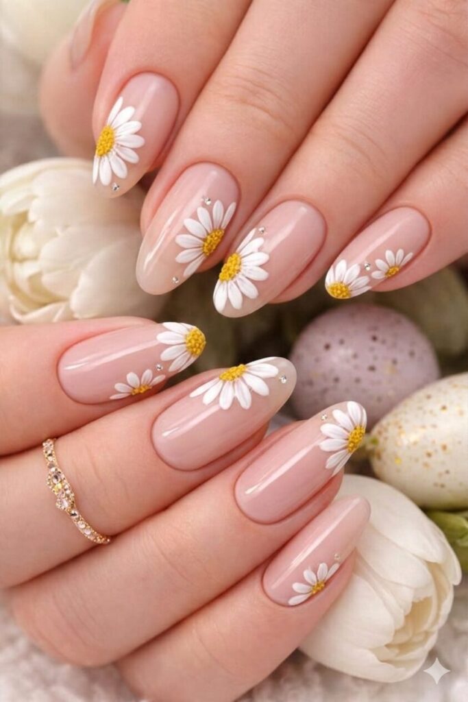 Half daisy edge nail art with partial daisies peeking from sides or bottom, artistic creative manicure 2026