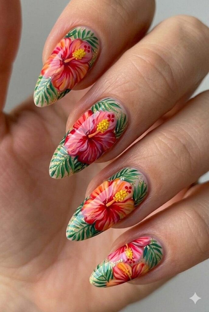 Hibiscus flower tropical summer nail design with bold red pink orange hibiscus blooms yellow centers, exotic summer nail idea 2026