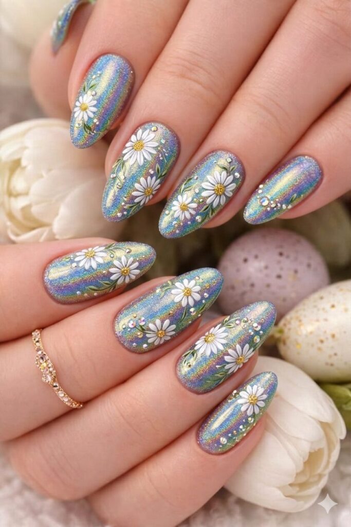 Holographic daisy shimmer nail art with classic daisies on rainbow shifting holographic base, magical modern manicure 2026