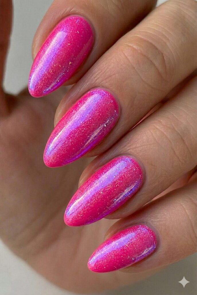 Hot pink electric summer nail design with vibrant bold pink shade demanding attention, fierce trending summer nail idea 2026
