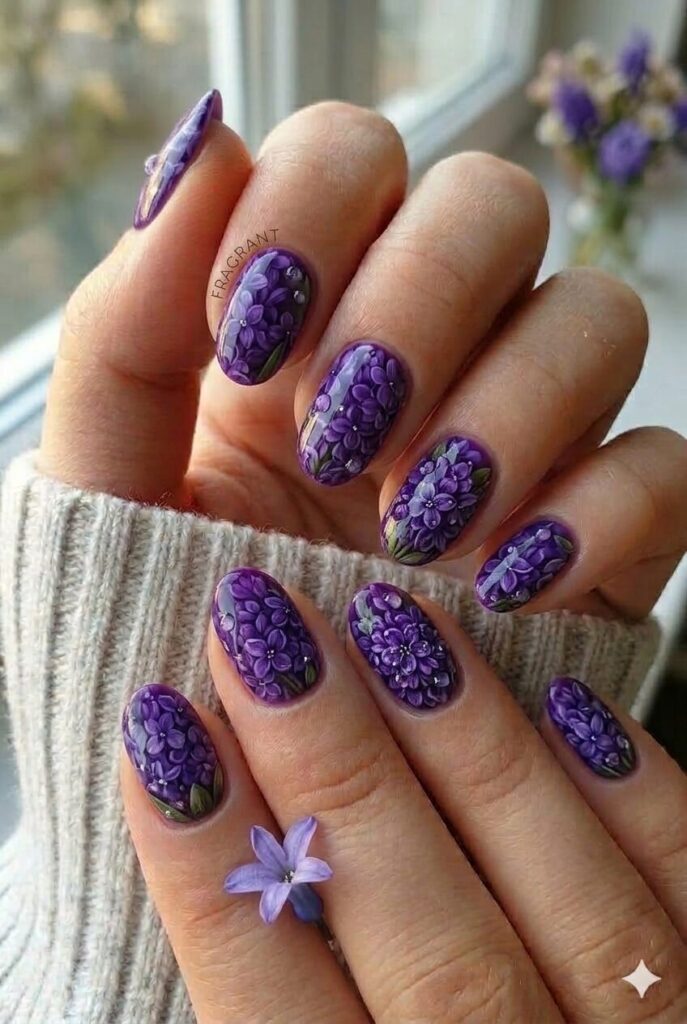 Hyacinth purple fragrant nail design with rich purple shade like hyacinth flower blooms, elegant bold April manicure 2026