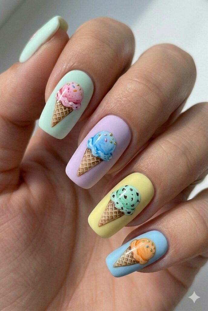 Ice cream cone sweet summer nail design with colorful ice cream scoops in waffle cones, cute nostalgic summer nail idea 2026