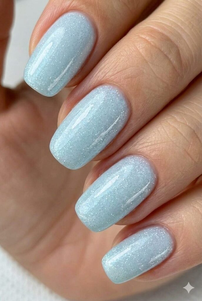 Icy blue frozen summer nail design with pale frosty blue shade looking refreshing and cool, subtle summer nail idea 2026