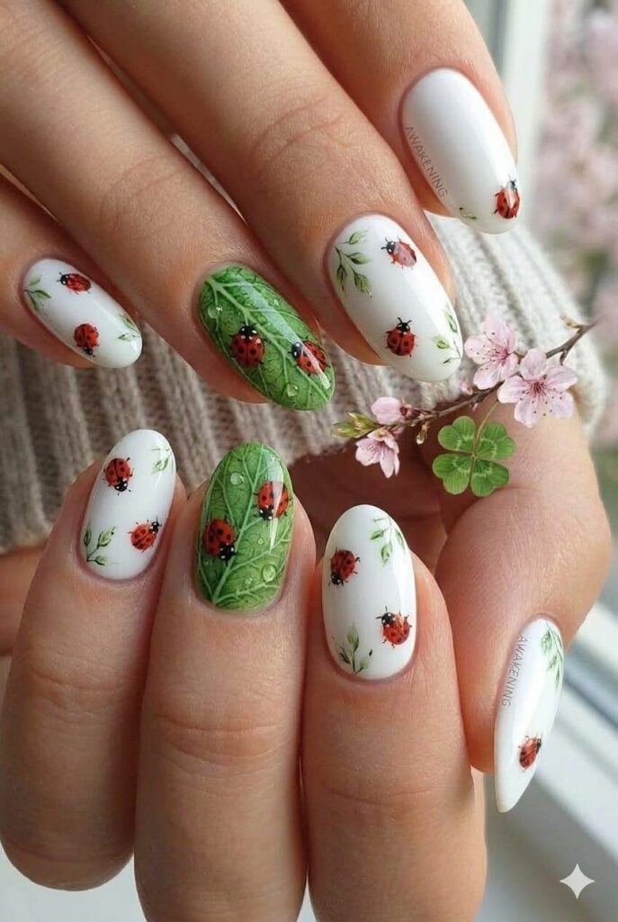 Ladybug lucky nail design with cute red ladybugs black spots on green leaf white base, good luck April manicure 2026