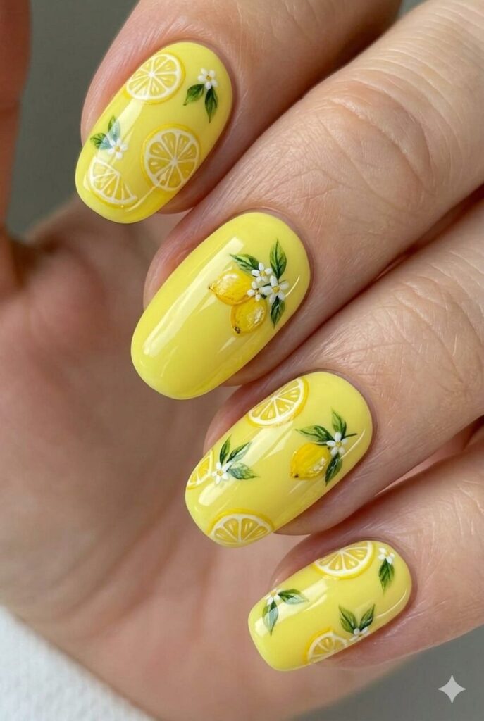 Lemon yellow fresh summer nail design with bright citrus-inspired yellow like sunshine, cheerful summer nail idea 2026