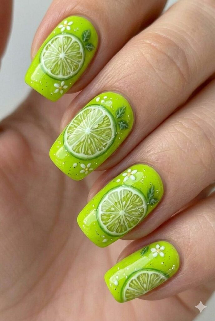 Lime green zesty summer nail design with bright citrus green shade zingy and bold, adventurous trending summer nail idea 2026