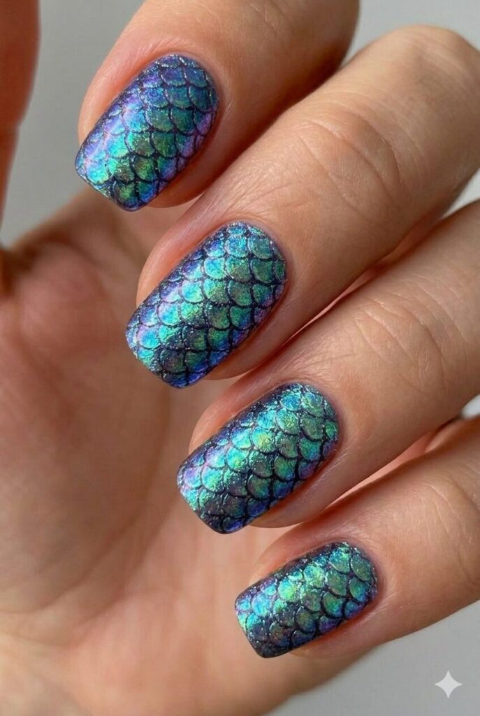 Mermaid scale shimmer summer nail design with iridescent blue green purple scales catching light, magical summer nail idea 2026