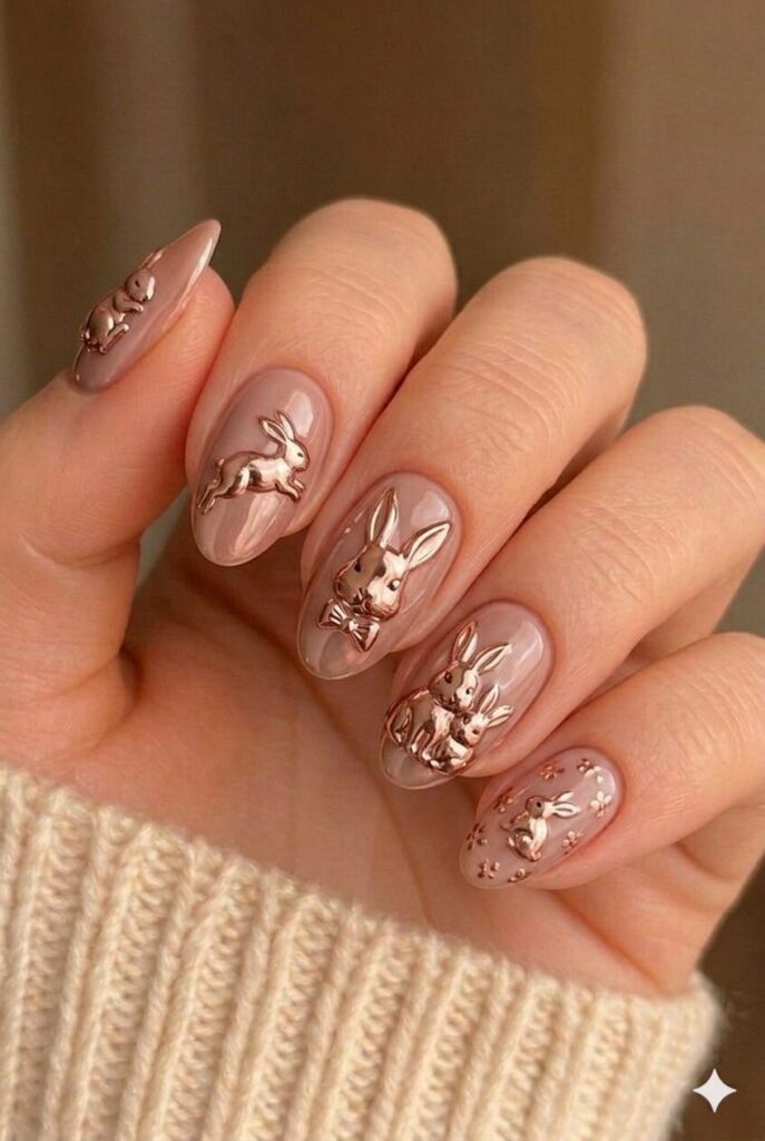 Metallic rose gold bunny nail design with glamorous bunnies in shiny rose gold metallic shade, luxurious Easter manicure